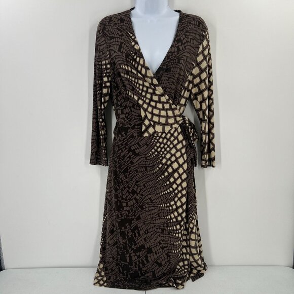 Etcetera Womens 10 Dress Brown Cream Geometric Print Wrap Style Stretch Knit - Picture 1 of 11